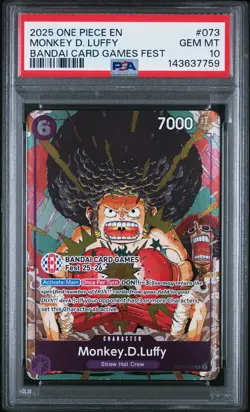 2025 ONE PIECE PROMOS BANDAI CARD GAMES FEST #073 MONKEY D. LUFFY PSA 10 - Image 1