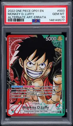 2022 ONE PIECE OP01-ROMANCE DAWN ALTERNATE ART-ERRATA MONKEY D. LUFFY PSA 10 - Image 1