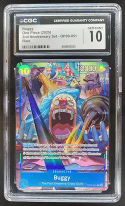 2025 ONE PIECE CCG BUGGY RARE OP09-051 2ND ANNIVERSARY CGC 10 C PT - Image 1
