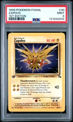 1999 POKEMON FOSSIL 1ST EDITION #30 ZAPDOS PSA 9 - Image 1