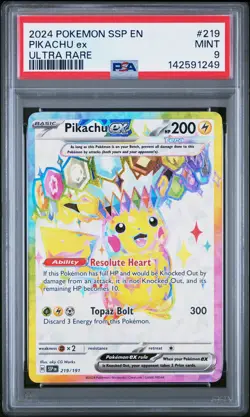 2024 POKEMON SSP EN-SURGING SPARKS ULTRA RARE #219 PIKACHU EX PSA 9 - Image 1