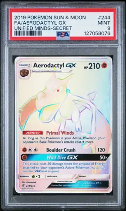 Secret Rare Aerodactyl GX PSA 9 Rainbow Pokemon 2019 Unified Minds 244/236 - Image 1