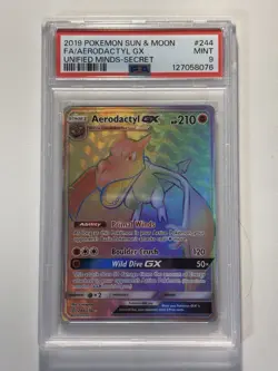 Secret Rare Aerodactyl GX PSA 9 Rainbow Pokemon 2019 Unified Minds 244/236 - Image 3