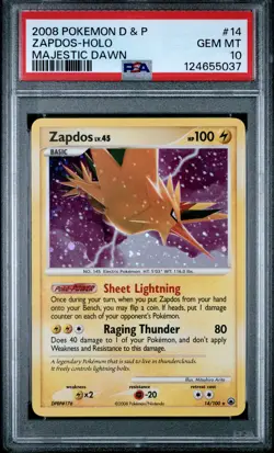 2008 POKEMON DIAMOND & PEARL MAJESTIC DAWN #14 ZAPDOS-HOLO PSA 10 - Image 1