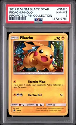 2017 POKEMON SM BLACK STAR PROMO SHINING LEGENDS PIN COLL PIKACHU-HOLO PSA 8 - Image 1
