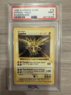 1999 Pokemon Shadowless Zapdos PSA 9 Mint Holo #16 - Image 1