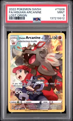 2022 POKEMON SWORD & SHIELD LOST ORIGIN #TG08 FULL ART/HISUIAN ARCANINE PSA 9 - Image 1