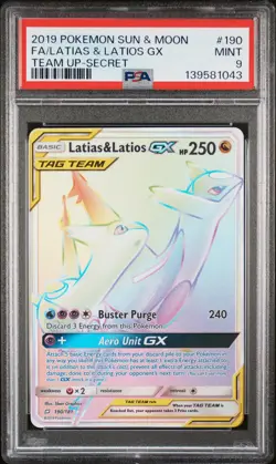 2019 POKEMON SUN & MOON TEAM UP SECRET #190 FULL ART/LATIAS & LATIOS GX PSA 9 - Image 1