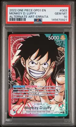 2022 ONE PIECE OP01-003 ROMANCE DAWN ALTERNATE ART ERRATA MONKEY D. LUFFY PSA 10 - Image 1