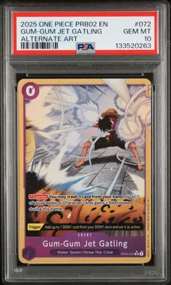 2025 ONE PIECE PRB02 ALTERNATE ART #072 GUM-GUM JET GATLING PSA 10 - Image 1