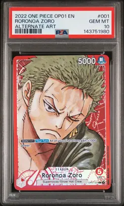 2022 ONE PIECE OP01-ROMANCE DAWN ALTERNATE ART #001 RORONOA ZORO PSA 10 - Image 1