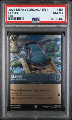 2025 DISNEY LORCANA EN 9-FABLED FOIL #183 EEYORE - OVERSTUFFED DONKEY PSA 8 - Image 1