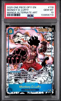 2025 ONE PIECE OP11-118 MONKEY D LUFFY MANGA ALT ART English PSA 10 GEM MINT - Image 1