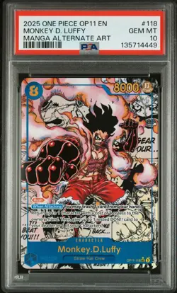 2025 ONE PIECE OP11-118 MONKEY D LUFFY MANGA ALT ART English PSA 10 GEM MINT - Image 1