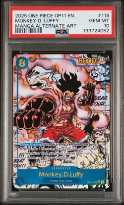 2025 ONE PIECE OP11-118 MONKEY D LUFFY MANGA ALT ART English PSA 10 GEM MINT - Image 1