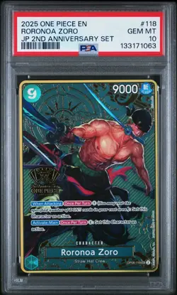 2025 ONE PIECE OP06-118 JAPANESE 2ND ANNIVERSARY SET RORONOA ZORO ENG PSA 10 - Image 1