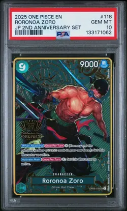 2025 ONE PIECE OP06-118 JAPANESE 2ND ANNIVERSARY SET RORONOA ZORO ENG PSA 10 - Image 1