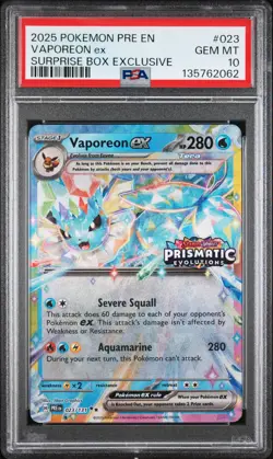 2025 POKEMON PRISMATIC EVOLUTIONS SURPRISE BOX EXCLUSIVE #023 VAPOREON EX PSA 10 - Image 1