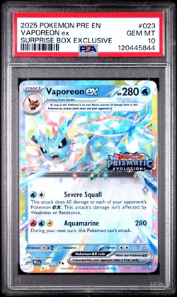 Pokemon 2025 Vaporeon ex 023 Surprise Box Exclusive Prismatic Evolutions PSA 10 - Image 1