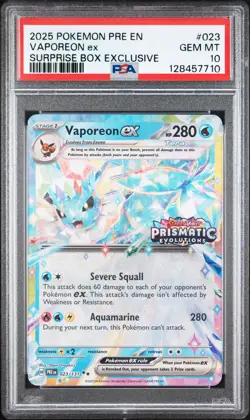 2025 POKEMON PRISMATIC EVOLUTIONS SURPRISE BOX EXCLUSIVE #023 VAPOREON EX PSA 10 - Image 1