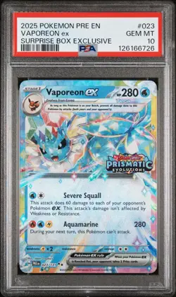 2025 Pokemon Prismatic Evolutions Vaporeon ex Surprise Box Exclusive #023 PSA 10 - Image 1