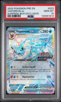 2025 POKEMON PRISMATIC EVOLUTIONS SURPRISE BOX EXCLUSIVE #023 VAPOREON EX PSA 10 - Image 1