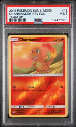 2019 POKEMON SUN & MOON TEAM UP #12 CHARMANDER-REVERSE FOIL PSA 9 - Image 1