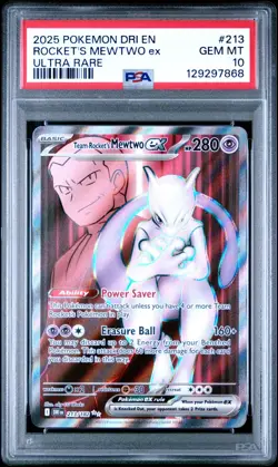 2025 POKEMON DESTINED RIVALS ROCKET'S MEWTWO ULTRA RARE #213 PSA 10 GEM MINT - Image 1