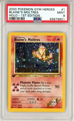 PSA MINT 9 Pokemon TCG Blaine's Moltres 001/132 Gym Heroes Holo 1st Edition - Image 1