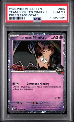 Team Rocket's Mimikyu Prerelease Staff PSA 10 2025 Destined Rivals #087 - Image 1