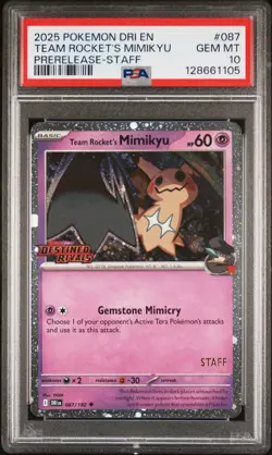PSA 10 Team Rocket's Mimikyu Destined Rivals STAFF 087 GEM MINT Graded Pokemon - Image 1