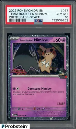 2025 Pokemon Destined Rivals 087 Team Rocket's Mimikyu Staff Promo Holo PSA 10 - Image 1