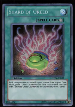 Shard of Greed PHSW-EN057 Secret Rare Photon Shockwave 1st Edition Yu-Gi-Oh - Image 1