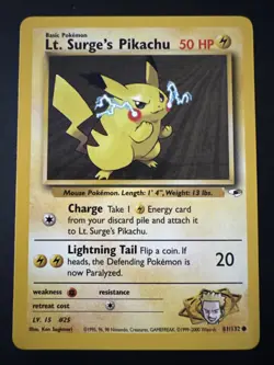 Lt. Surge's Pikachu 81/132 Unlimited Gym Heroes Pokemon TCG WotC Vintage Card - Image 1