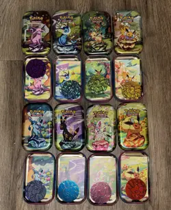(8) Prismatic Evolutions Mini Tins FULL set, Art Card + Coin NO CARDS Empty - Image 1