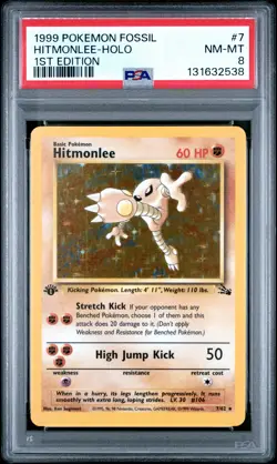 1999 POKEMON FOSSIL 1ST ED #7 HITMONLEE-HOLO PSA 8 - Image 1