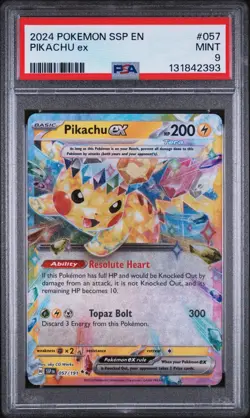 PIKACHU EX #057 DOUBLE RARE HOLO 2024 POKEMON SSP EN SURGING SPARKS PSA 9 MINT - Image 1