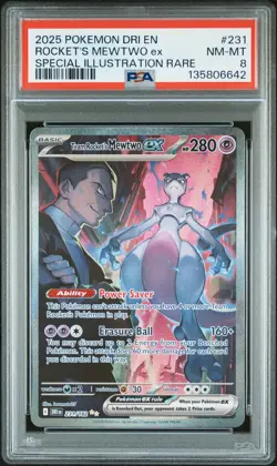 2025 POKEMON DRI SPECIAL ILLUSTRATION RARE #231 TEAM ROCKET'S MEWTWO EX PSA 8 - Image 1