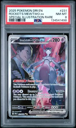 2025 POKEMON DRI SPECIAL ILLUSTRATION RARE #231 TEAM ROCKET'S MEWTWO EX PSA 8 - Image 1