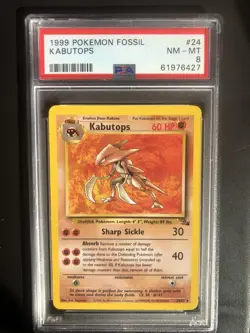 Pokemon 1999 WOTC Fossil Unlimited Kabutops 24/62 Non Holo Rare PSA 8 NM-MT - Image 1