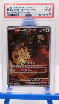 2025 Pokemon Team Rocket's Meowth 203/182 Sv10: Destined Rivals Holo PSA 10 - Image 1