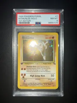 Pokemon 1999 Fossil Hitmonlee Holo Card #7 PSA 8 First Edition - Image 1