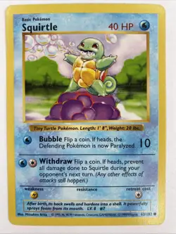 Pokemon TCG Squirtle 63/102 Base Set Shadowless Common Vintage - Image 1