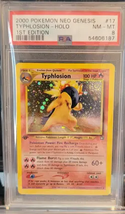 PSA 8 Typhlosion 17/111 Neo Genesis 1st Edition 2000 Pokemon Card MASSIVE SWIRL - Image 1