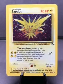 Pokemon TCG Zapdos Holo Rare Unlimited 15/62 Fossil Base Set 1999 WOTC VTG MP - Image 1