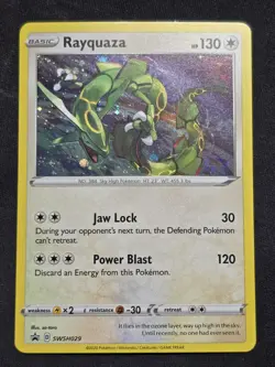 POKEMON RAYQUAZA SWSH029 BLACK PROMO STAR COSMOS WITH SWIRL HOLOFOIL NM CARD - Image 1