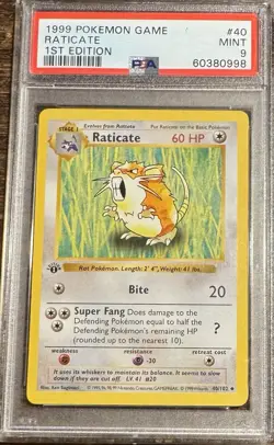 1999 Pokemon - 1st Edition Shadowless Raticate Base Set 40/102 PSA 9 Mint! - Image 1