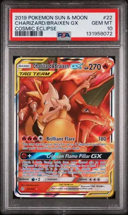 2019 POKEMON SUN & MOON COSMIC ECLIPSE #22 CHARIZARD & BRAIXEN GX PSA 10 - Image 1
