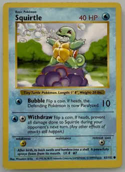 Pokemon TCG Squirtle 63/102 Base Set Shadowless Common Vintage - Image 1