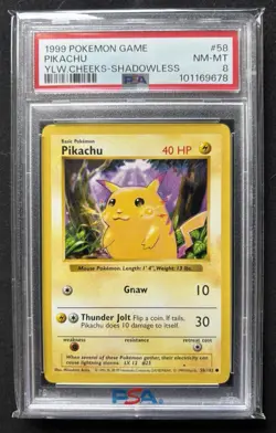 PSA 8 Pikachu Shadowless Pokemon Card 58/102 WOTC Base Set Yellow Cheeks NM NEW - Image 1